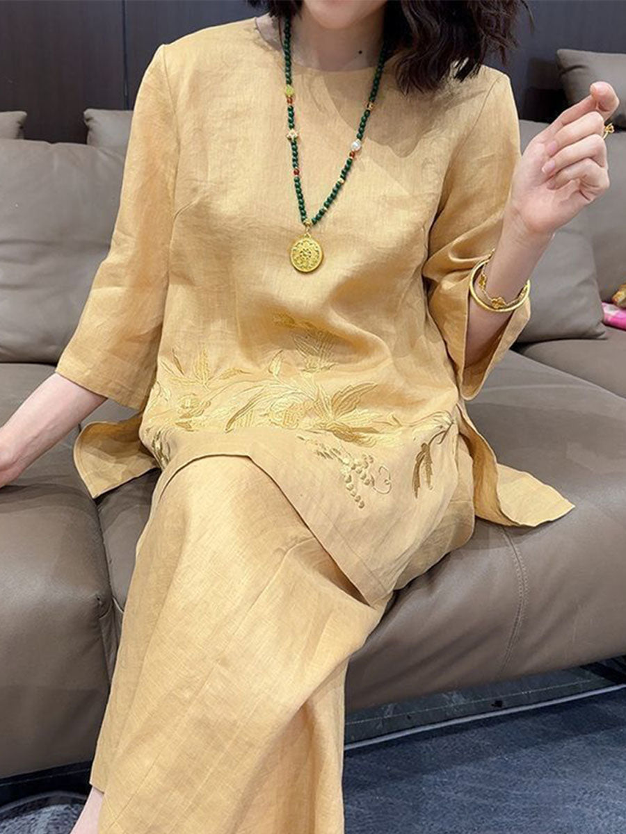Women's Embroidered 3/4-sleeve Top And Wide-leg Pants Two-piece Set