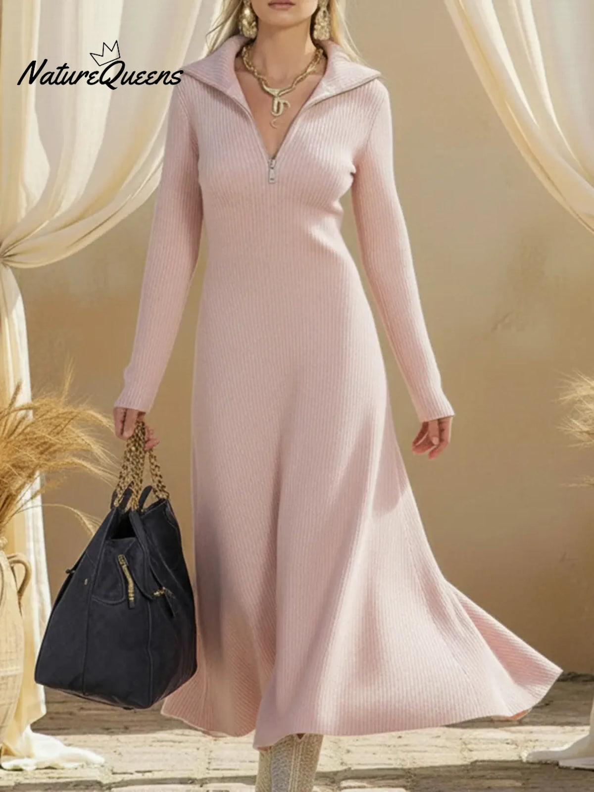 Cozy Stand Collar Zipper Knit A-line Dress