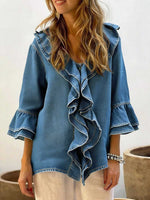 Women's Ruffled V-neck 3/4 Sleeve Casual Loose Denim Top