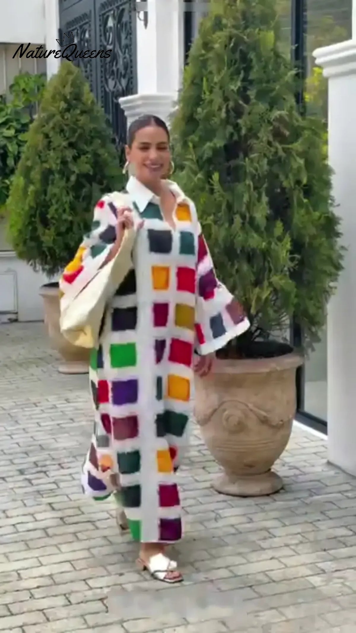 Women's Colorful Geometric Print V-neck Long Sleeve Casual Cotton Linen Dress