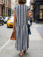 Women's Striped Print Round-neck Short-sleeve Casual Loose Cotton-linen Dress