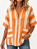 Casual Striped Cotton-linen Polo-collar Shirt