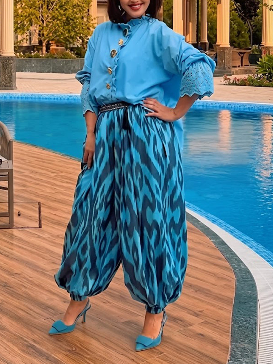 Casual Ruffled Cotton Shirt and Artistic Print Trousers Two-Piece Set