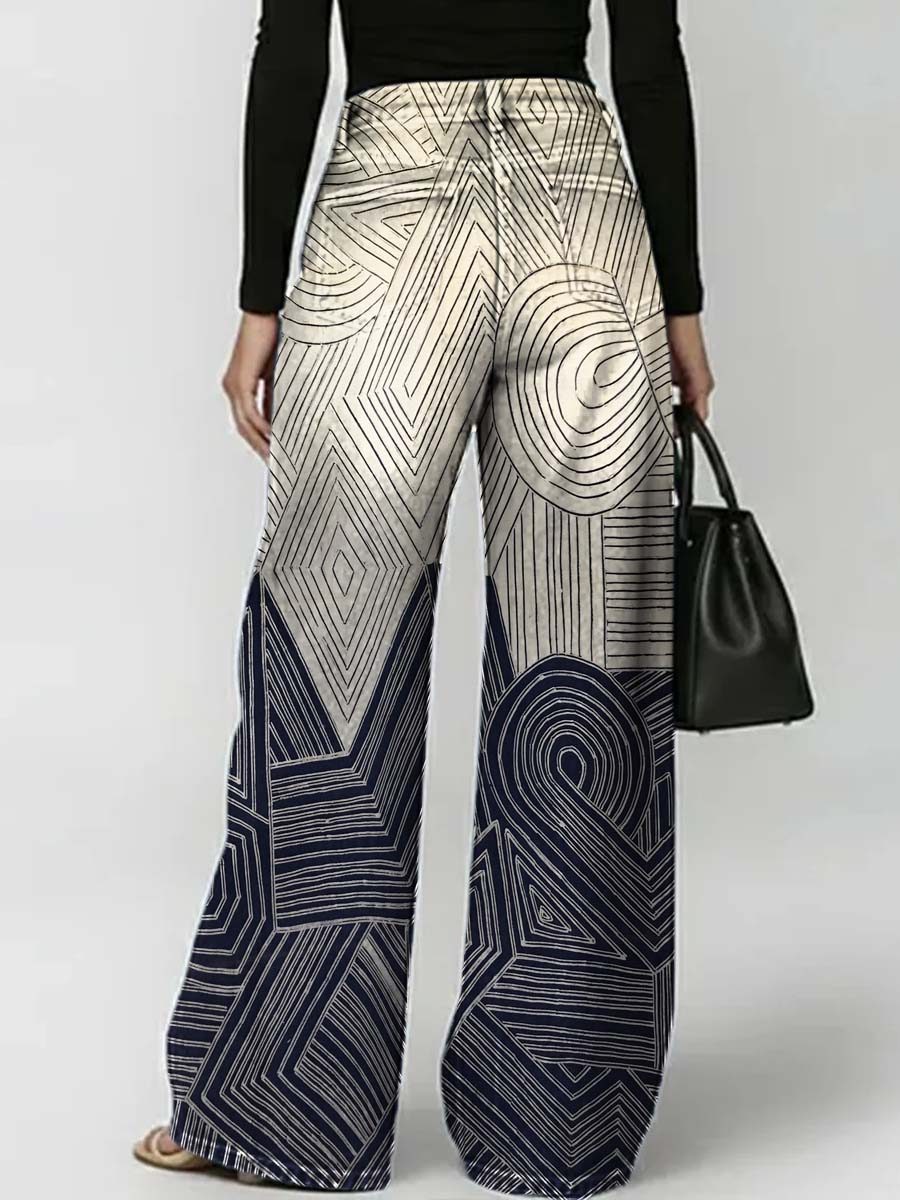 Women's Abstract Line Art Print Casual Stylish Hollow Denim Pants
