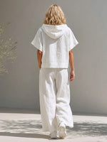 Women's Casual Simple Style Hoodie And Wide-leg Pants Cotton-linen Set