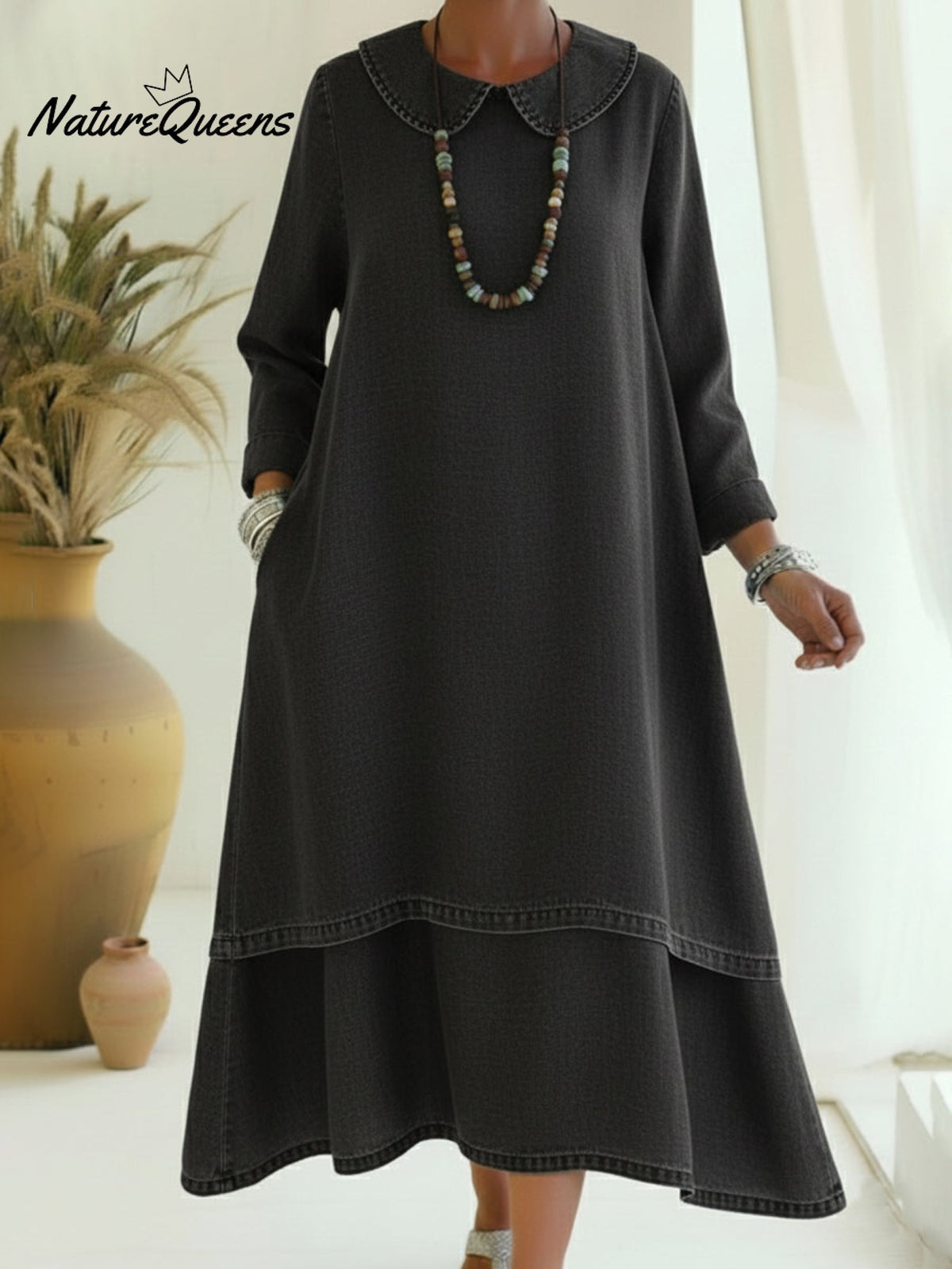 Vintage Peter Pan Collar Double-layered Hem Denim Dress