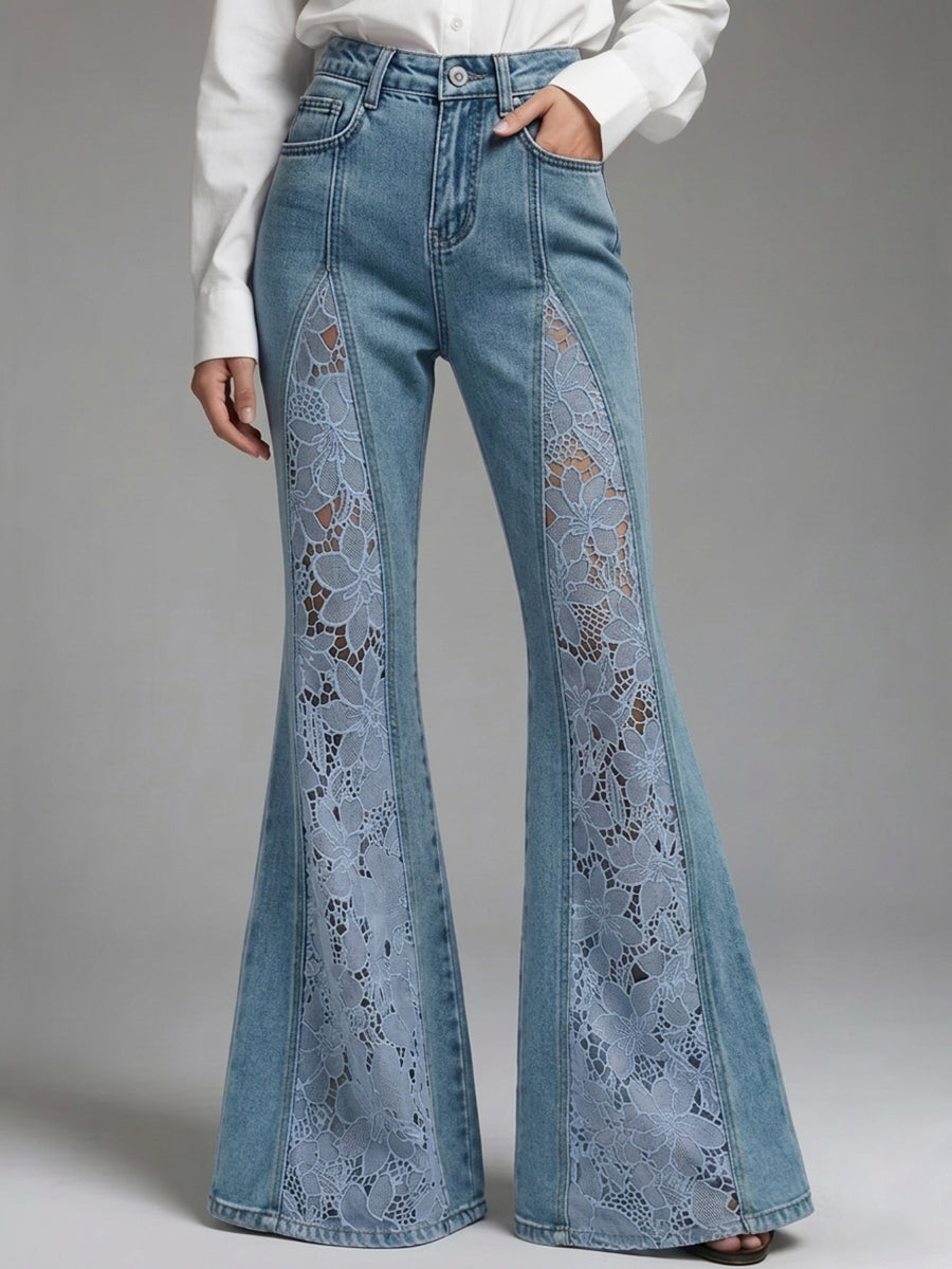 Women's Flared Denim Pants with Cutout Lace Paneling