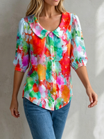 Watercolor Floral-print Peter Pan Collar Cotton-linen Blouse