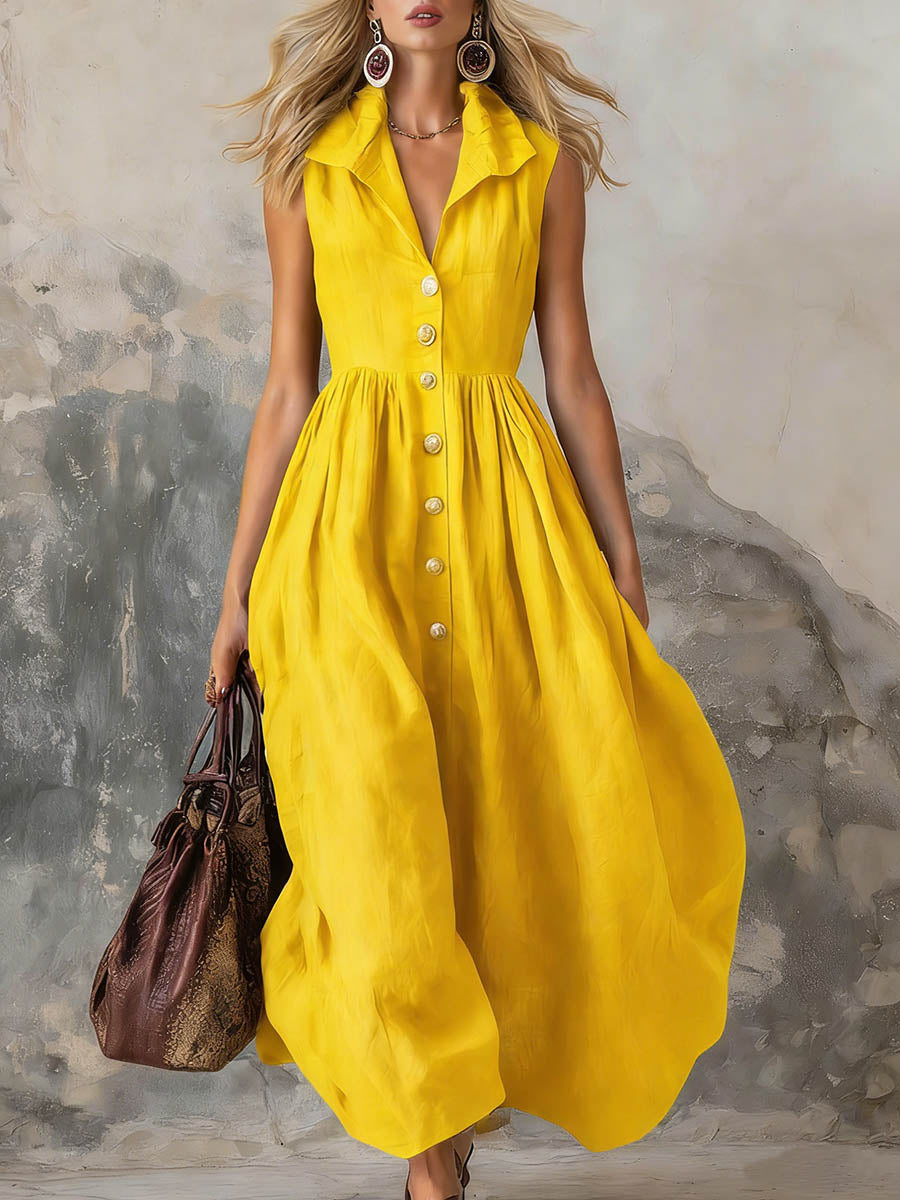 Women's Solid Color Lapel Sleeveless Casual Loose Cotton Dress