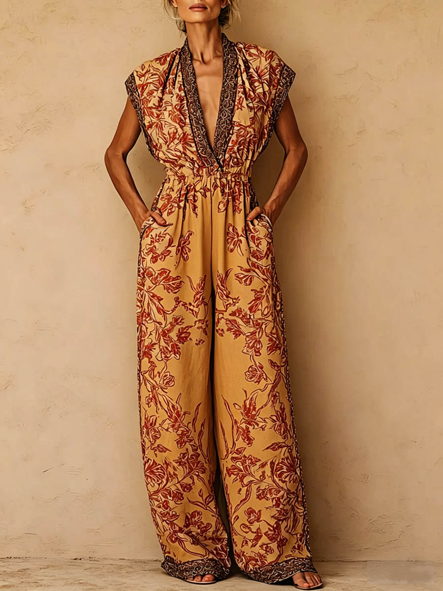 Women's Vintage-print V-neck Short-sleeve Jumpsuit — Casual Loose-fit Wide-leg Cotton-linen Romper