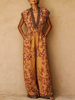 Women's Vintage-print V-neck Short-sleeve Jumpsuit — Casual Loose-fit Wide-leg Cotton-linen Romper