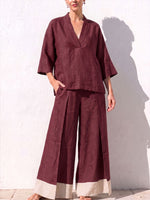 Women's V-neck 3/4 Sleeve Casual Loose Cotton Linen Top High-waisted Casual Loose Color-blocked Wide-leg Pants Cotton Linen Set
