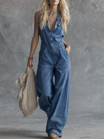 Women's Shirt Collar Sleeveless Casual Loose Denim Wide-leg Jumpsuit