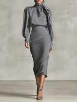 Women's Retro-style Tie-waist Long-sleeved Stand Collar Comfortable Minimalist Dress