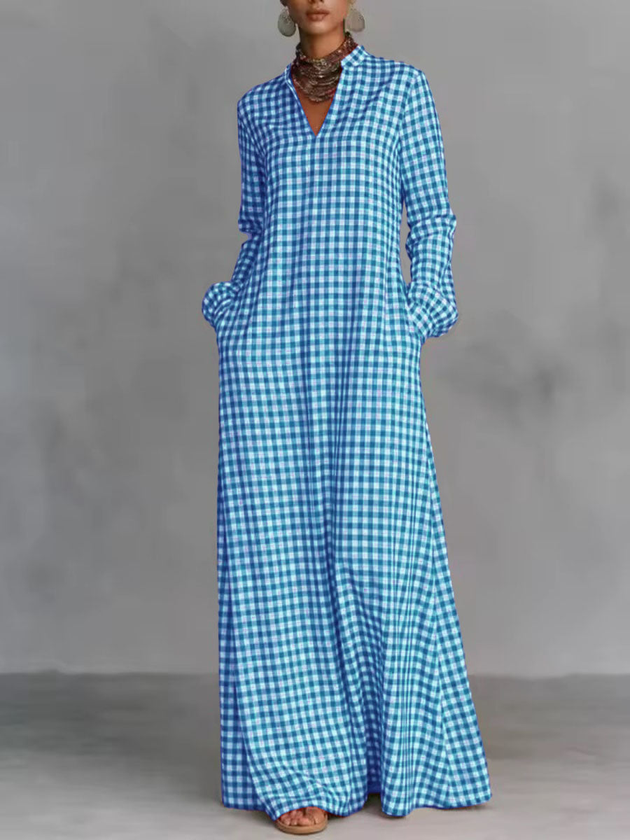 Women's Plaid Print V-neck Long-sleeved Casual Loose Cotton And Linen Dress