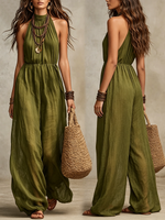 Boho Casual Olive Green Mock-neck Wide-leg Jumpsuit