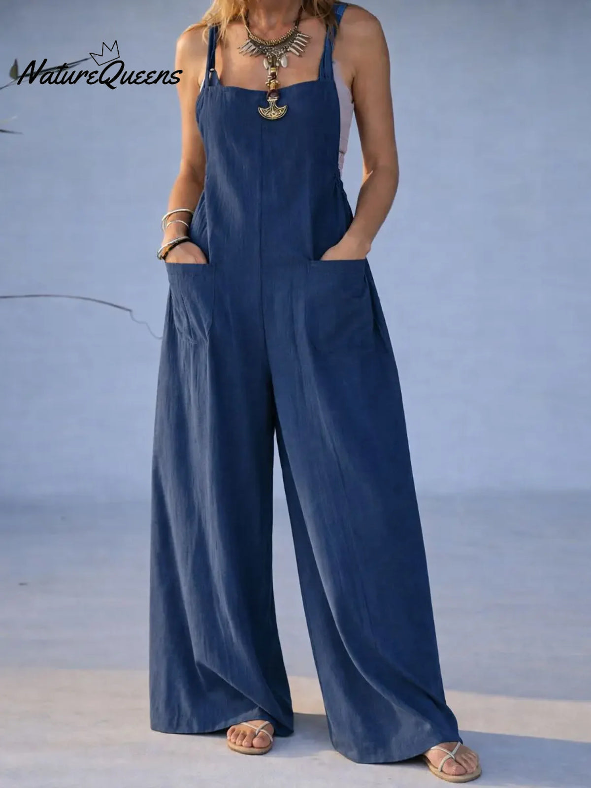 Women's Solid Color High-waisted Casual Loose Cotton And Linen Wide-leg Jumpsuit With Suspenders.