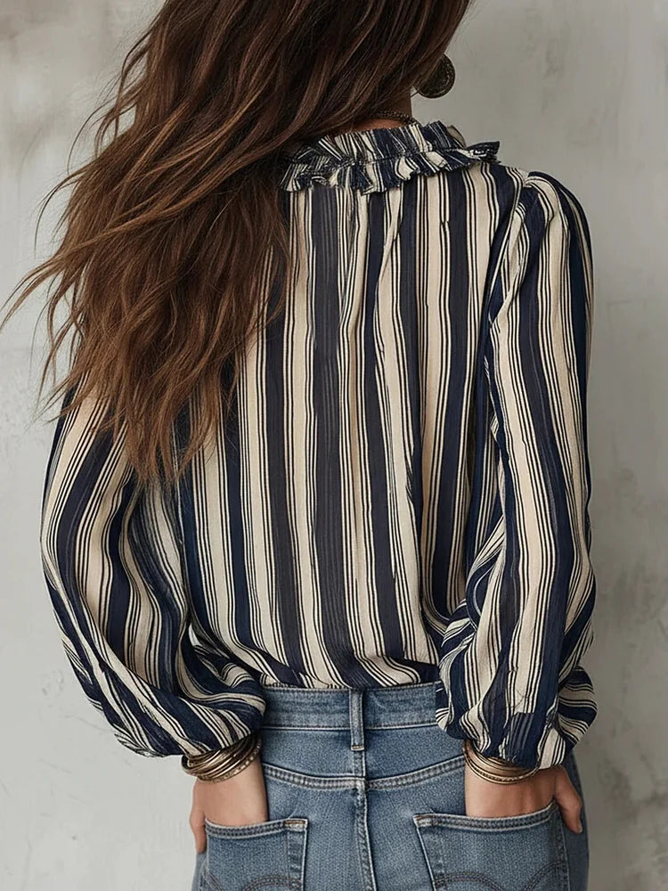 Women's Striped V-neck Ruffled Shirt