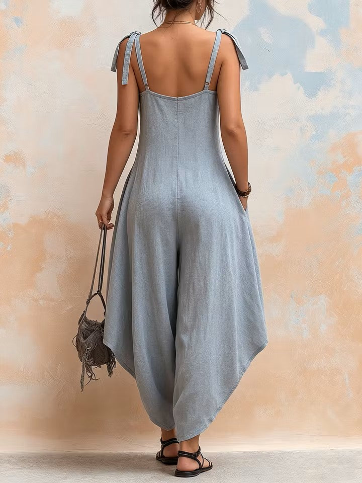 Casual Linen And Cotton Strappy Jumpsuit