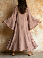 Cotton-Linen Long Dress with Flared Sleeves