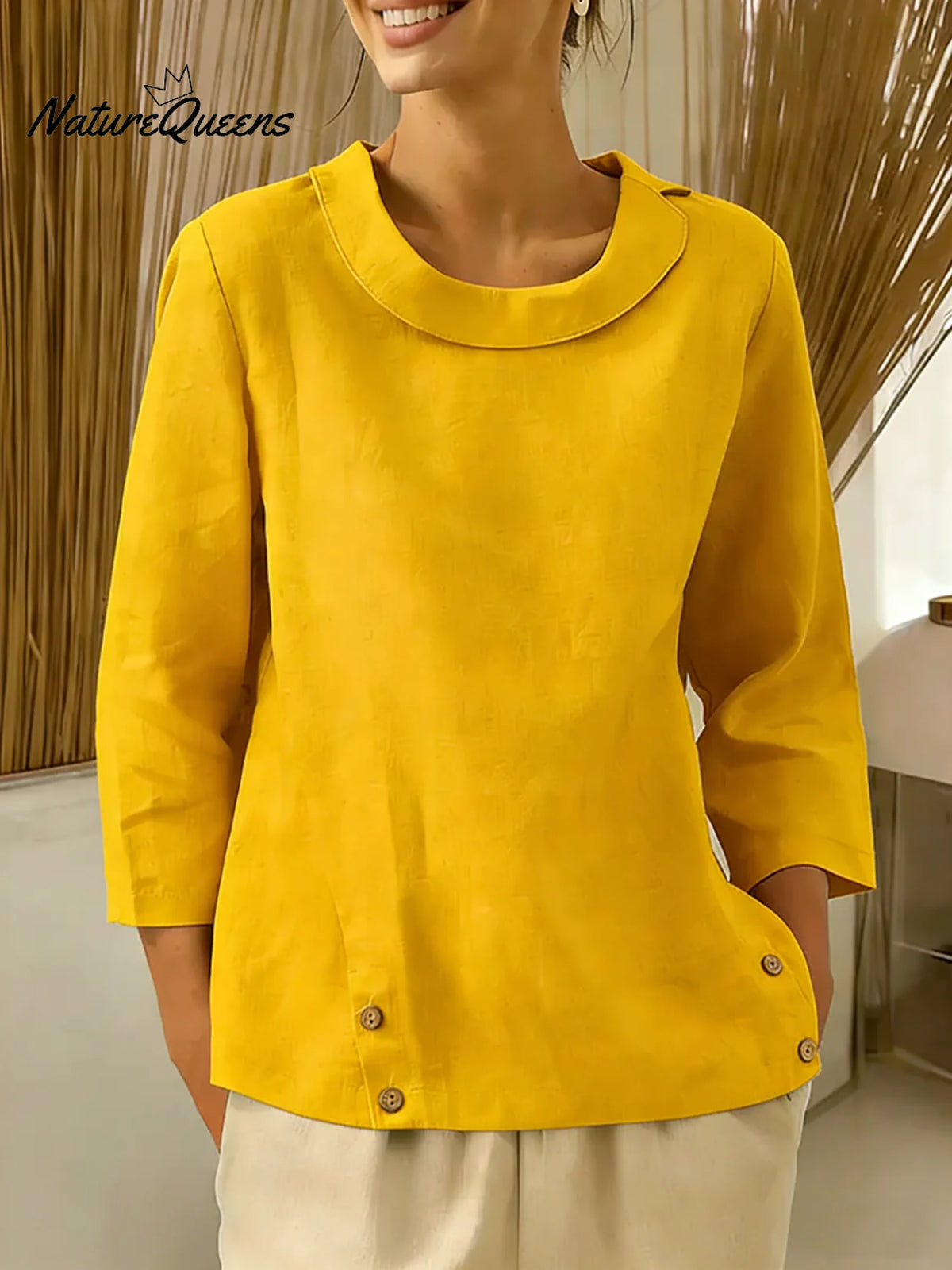 Women's Solid Color Round Neck Three-quarter Sleeve Casual Loose Cotton And Linen Top