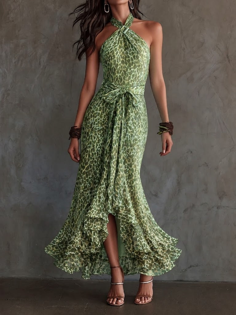 Stylish Leopard Print Halter Chiffon Dress