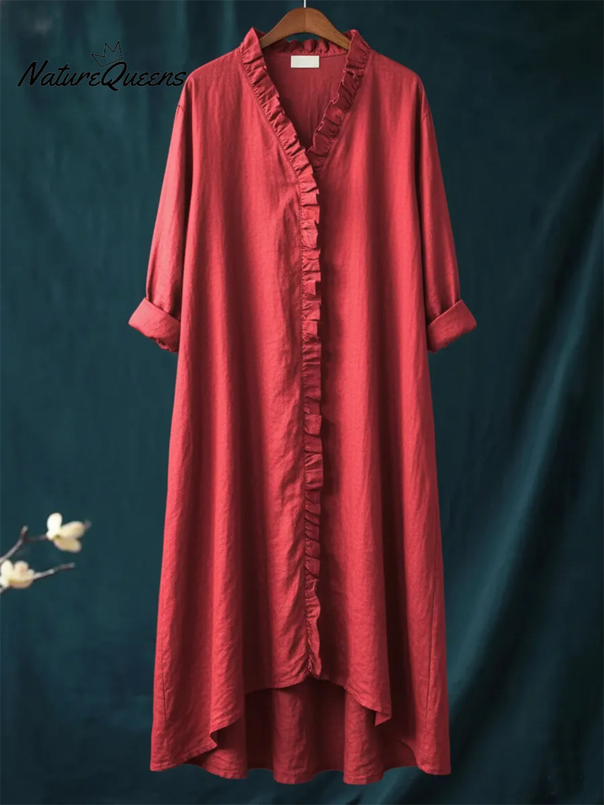 Vintage Casual Lace-trimmed V-neck Linen Dress