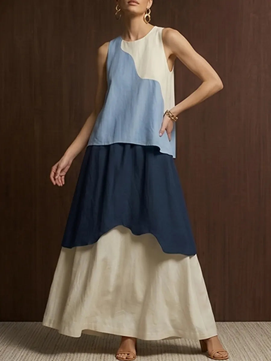 Vestido largo sin mangas con bloques de color, informal y elegante