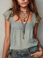 Square-neck Top With Lace Trim And Flutter Sleeves
