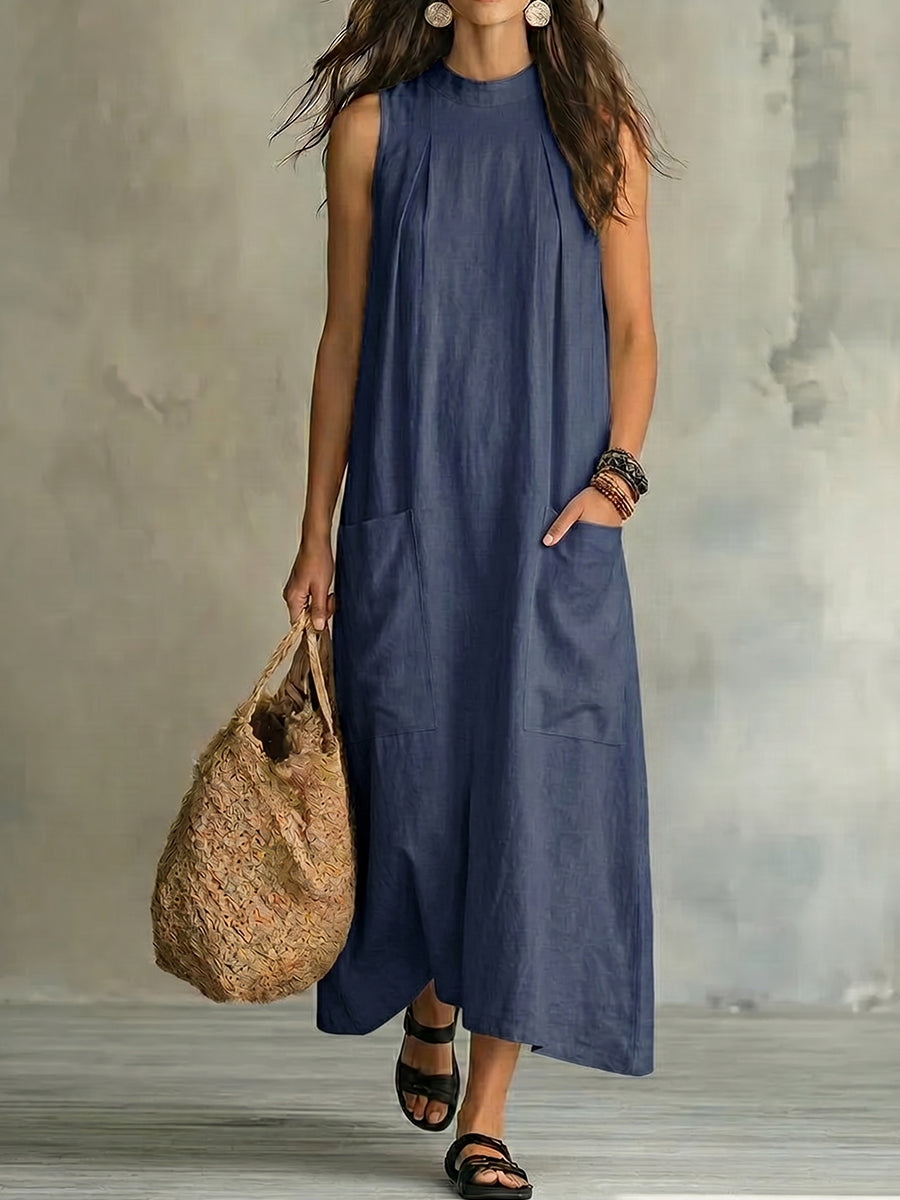 Women's Stand-collar Sleeveless Cotton-linen Dress