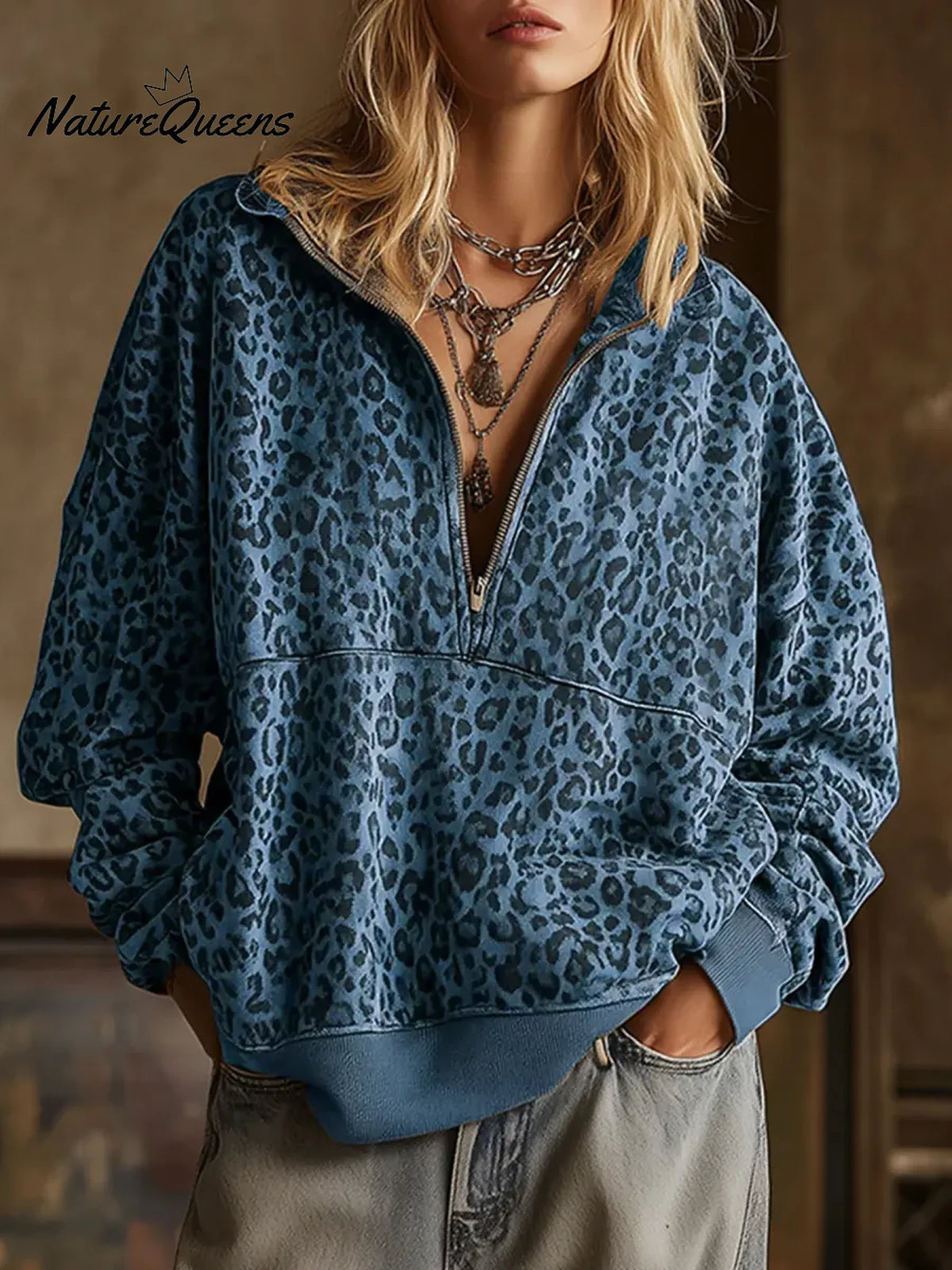 Women's Leopard Print Cardigan Collar Long Sleeve Casual Loose Sweatshirt