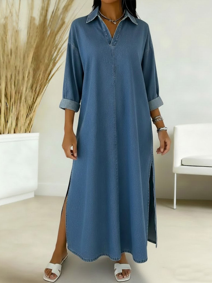 Women's New Spring Collection V-neck Long-sleeved Casual Loose Denim Dress With Side Slits.
