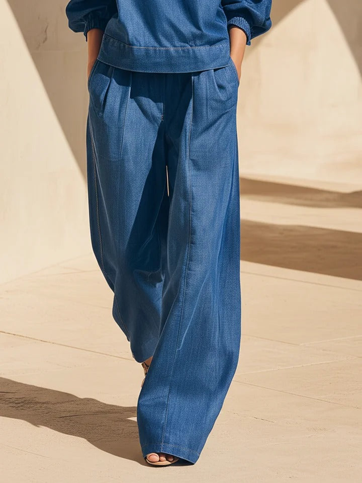 Navy Blue Denim Half-Zip Oversized Shirt & Wide-Leg Pants Set