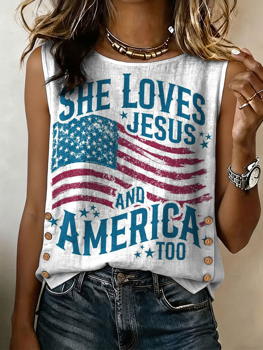 Independence Day She Loves Jesus And America Too Decorative Patterns Women's No Sleeve Cotton Shirt