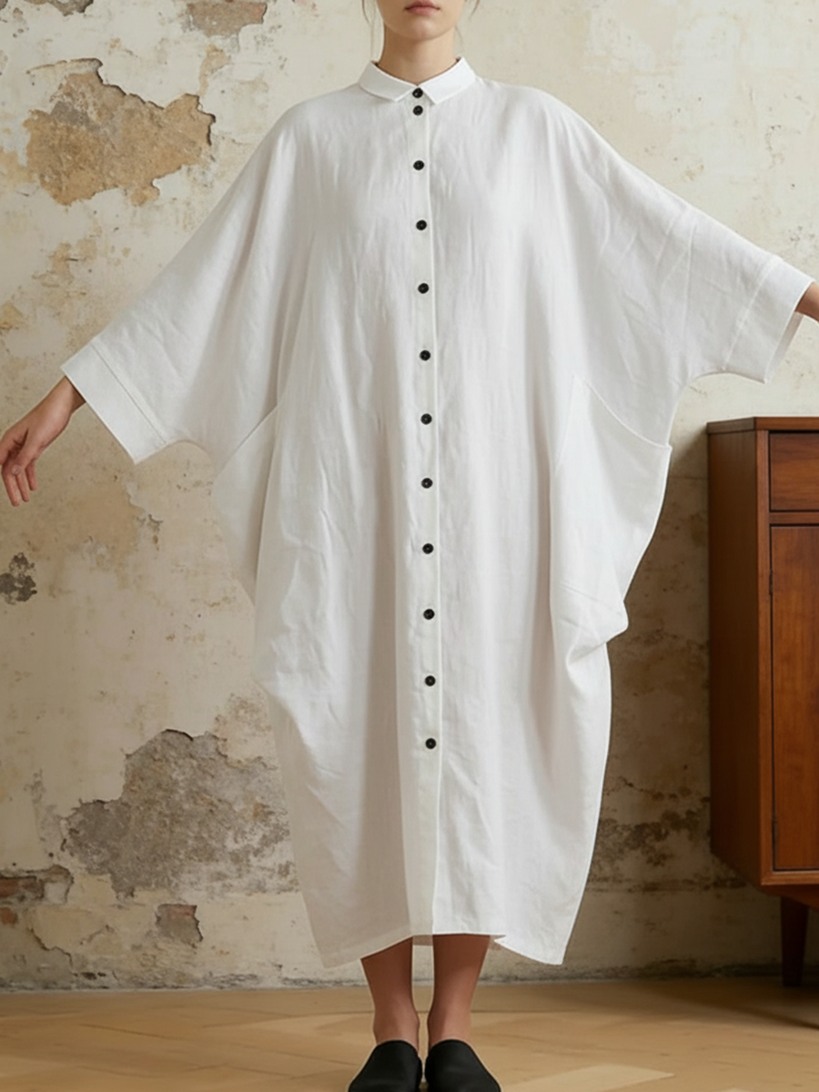 Casual Batwing Sleeve Cotton And Linen Dress