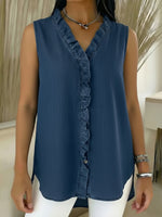 Casual Sleeveless Denim Shirt With Ruffled Trim