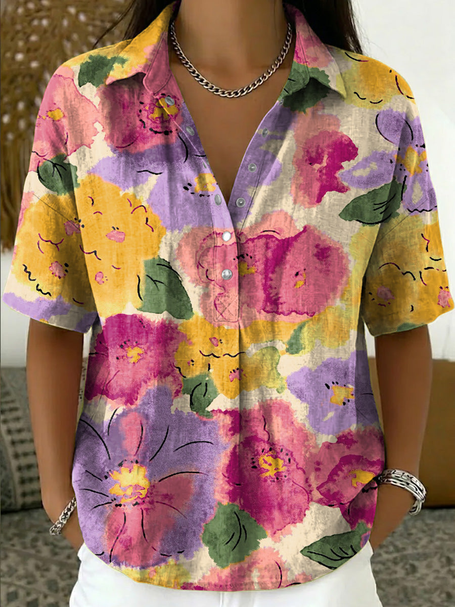 Women's Retro Botanical Print Casual Short-sleeve Linen-cotton Shirt With Polo Collar