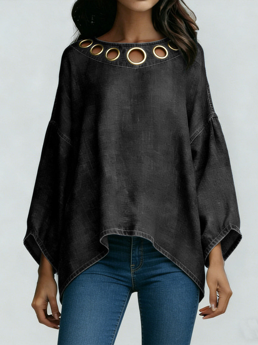Women's Round Neck Long-sleeved Loose-fitting Casual Denim Top