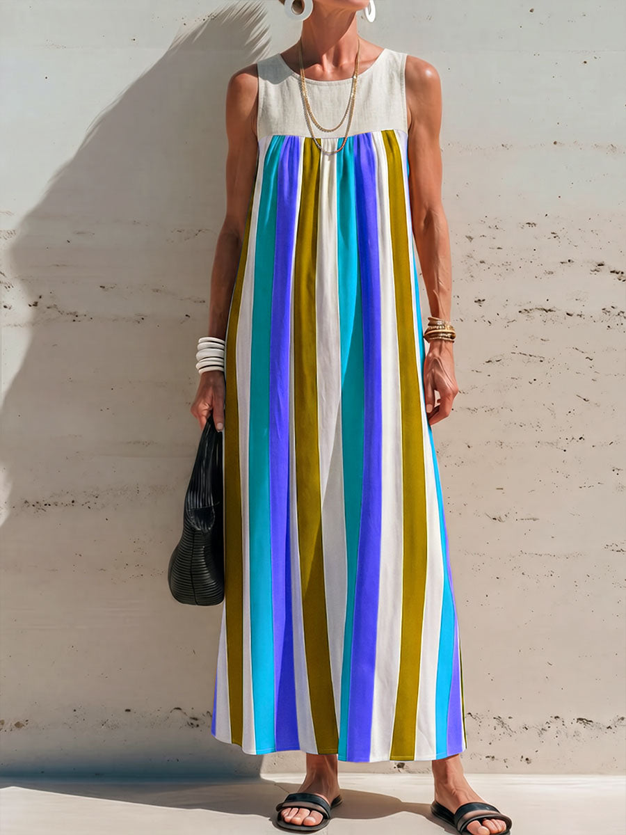 Women's Casual Loose Cotton-linen Dress With Contrast Striped Print Round Neck And Sleeveless Design