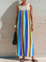 Women's Casual Loose Cotton-linen Dress With Contrast Striped Print Round Neck And Sleeveless Design