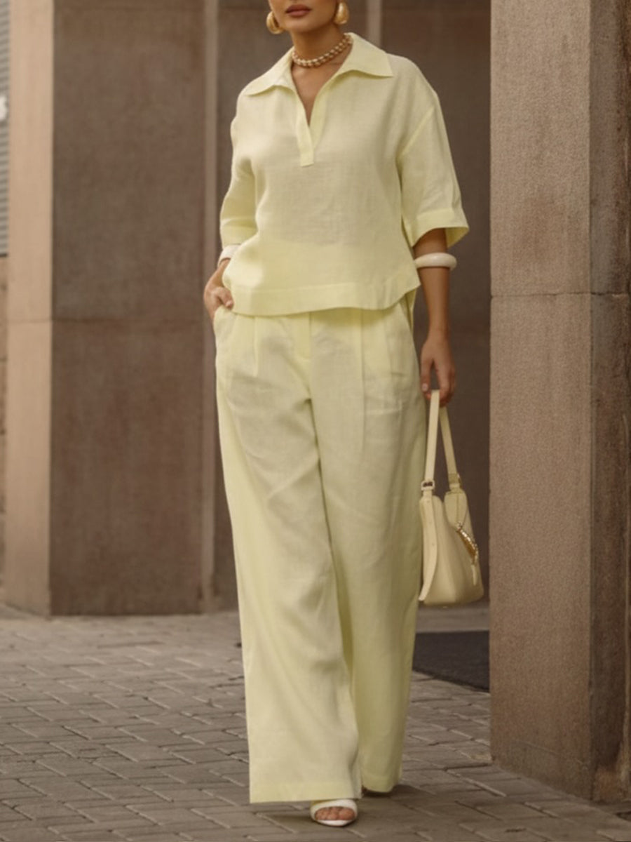 Women's Casual Linen And Cotton Shirt And Wide-leg Pants Two-piece Set
