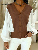 Women's Knitted Patchwork White Woven Fabric Batwing Sleeve Cardigan