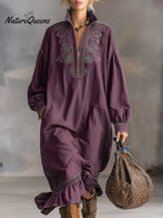 Women's Stand Collar Long Sleeve Casual Loose Ruffled Cotton Dress