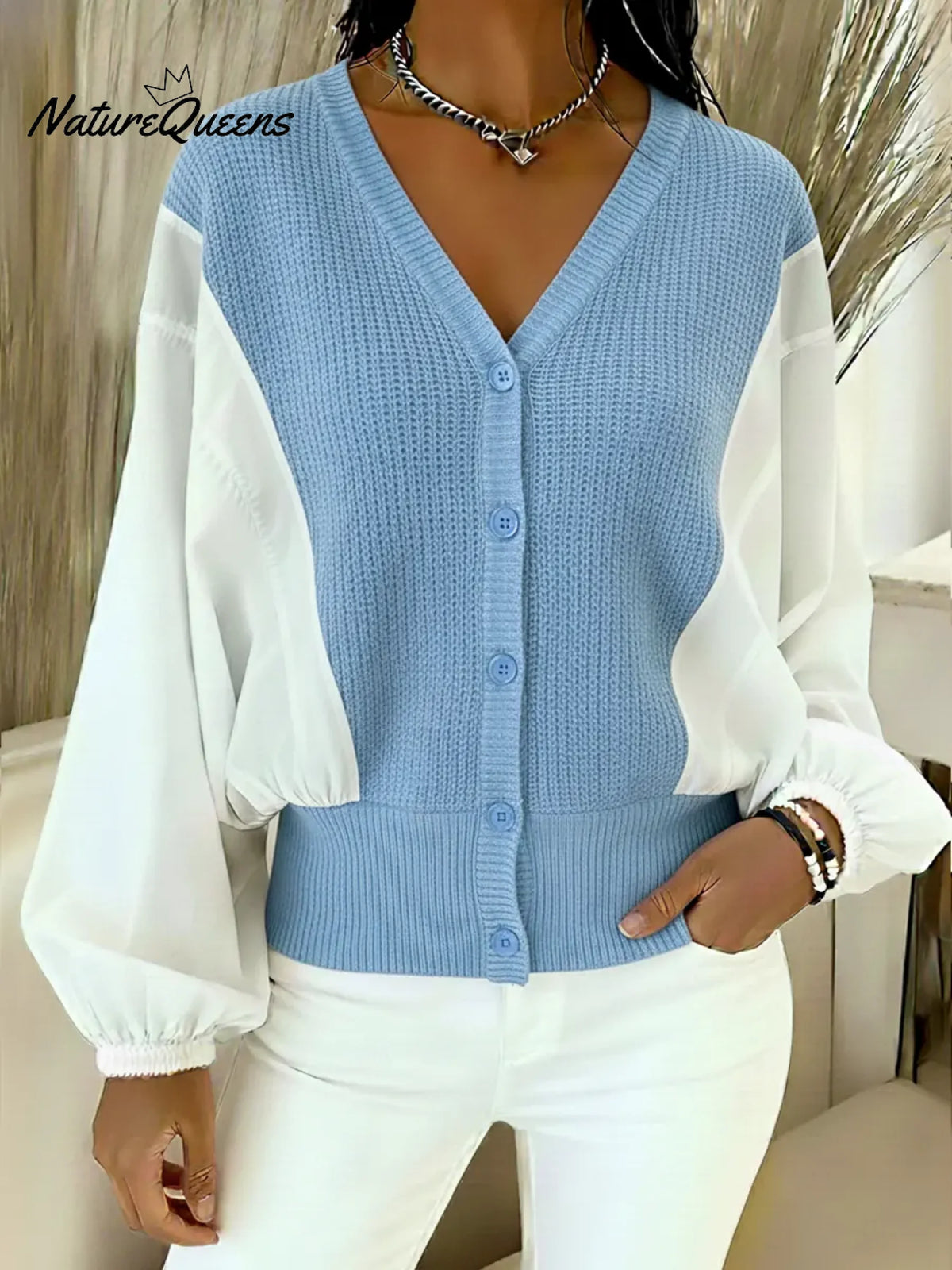Women's Knitted Patchwork White Woven Fabric Batwing Sleeve Cardigan
