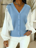 Women's Knitted Patchwork White Woven Fabric Batwing Sleeve Cardigan