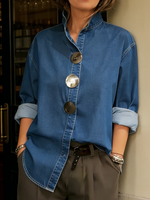 Stylish Stand-collar Metal Button Denim Shirt