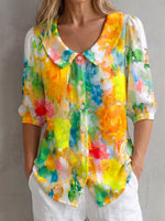 Watercolor Floral-print Peter Pan Collar Cotton-linen Blouse