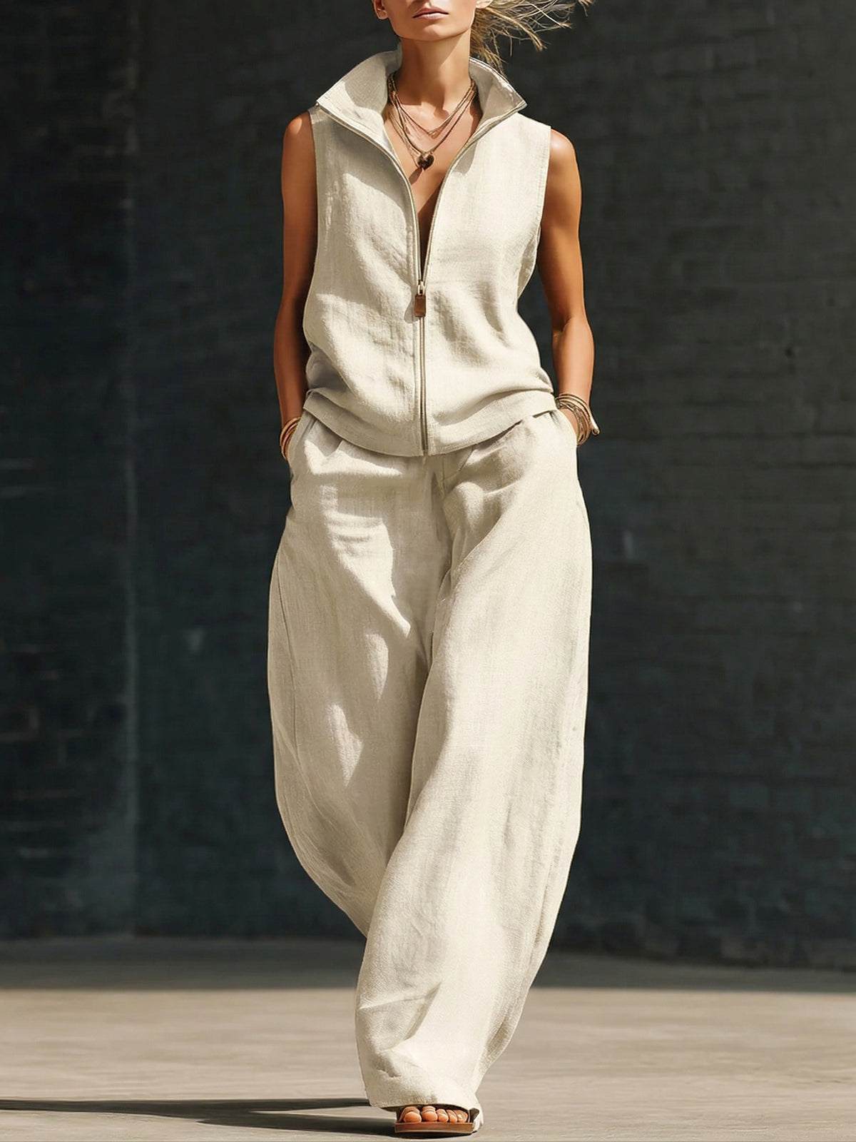 Stylish Stand-up Collar Zipper Linen Cotton Two-piece Set