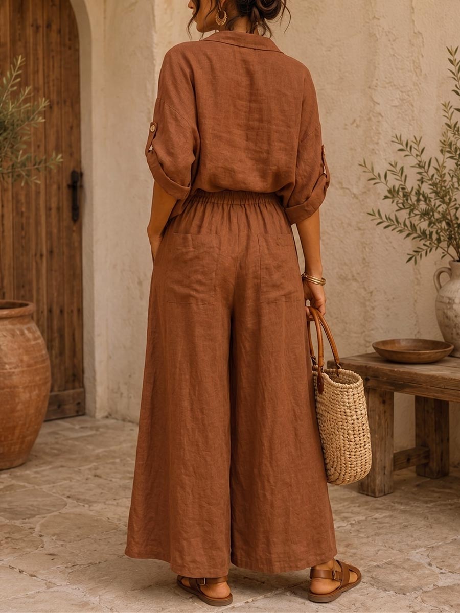 Women's Solid-color Set: Collared Loose-fit Cotton-linen Cardigan With 3/4 Sleeves & High-waisted Wide-leg Trousers