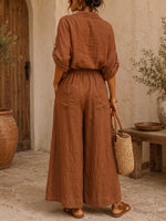 Women's Solid-color Set: Collared Loose-fit Cotton-linen Cardigan With 3/4 Sleeves & High-waisted Wide-leg Trousers